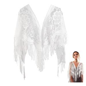 White Floral Lace Shawl Wrap Tassel Fringe Triangle Lace Shawls And Wraps😒